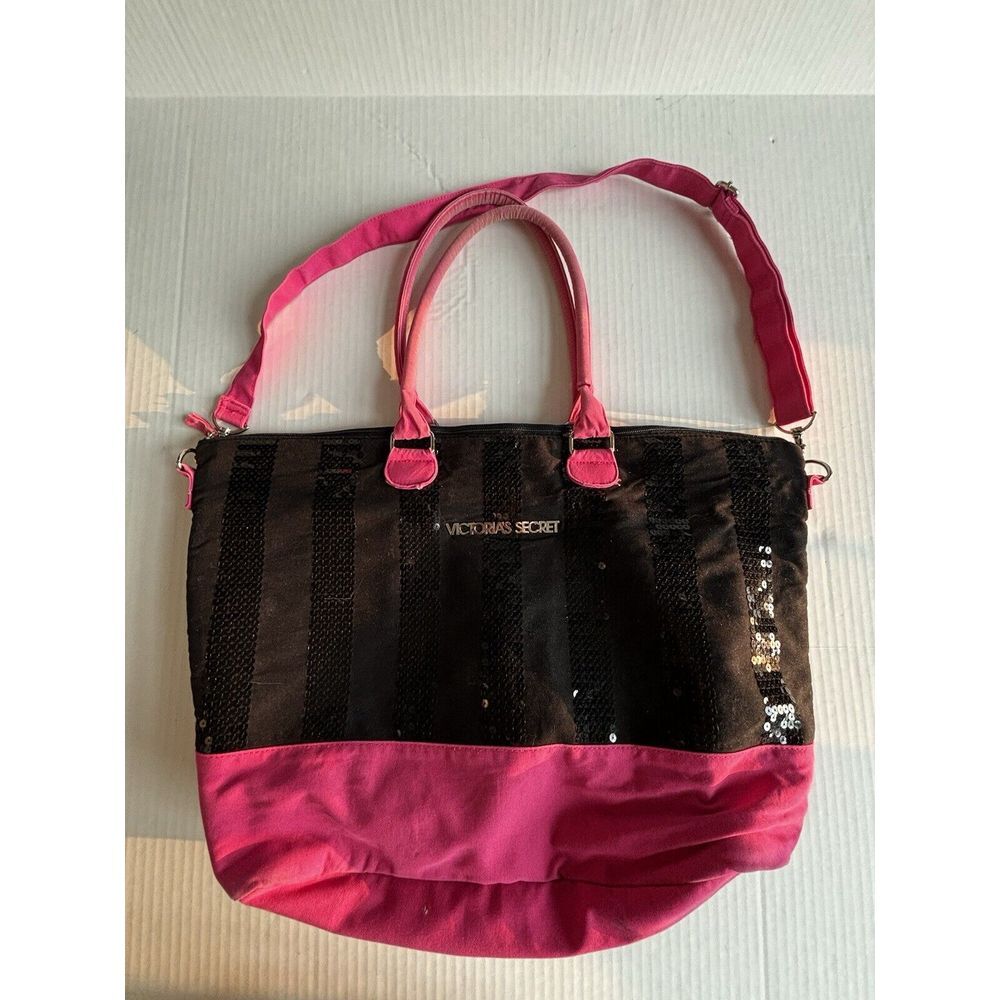Victoria's Secret Weekender Tote Bag VGC Black Sequins Pink Trim Canvasโ